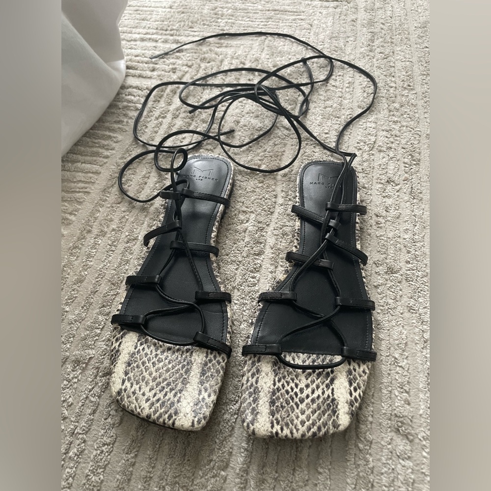 Marc Fisher Black Lace-Up Gladiator Sandal with Snake-Print Footbed - Picture 3 of 6